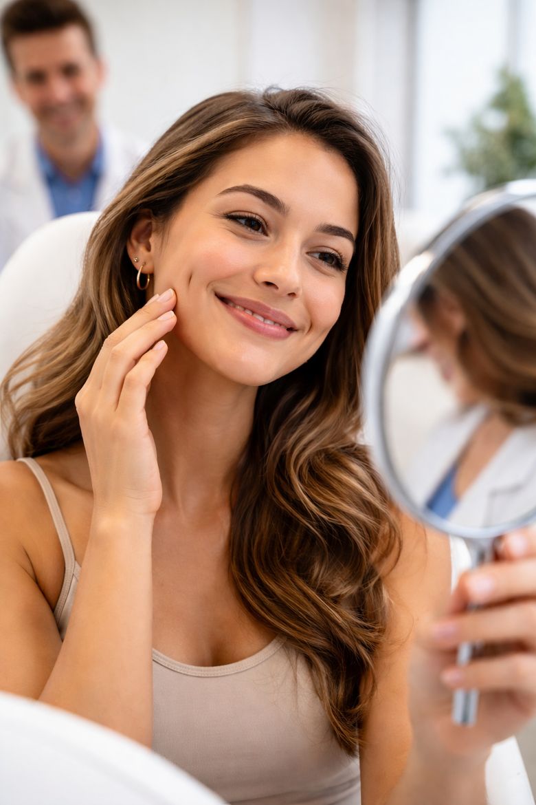 Illustrative image of a woman smiling into a mirror in a doctor's office after dimple surgery